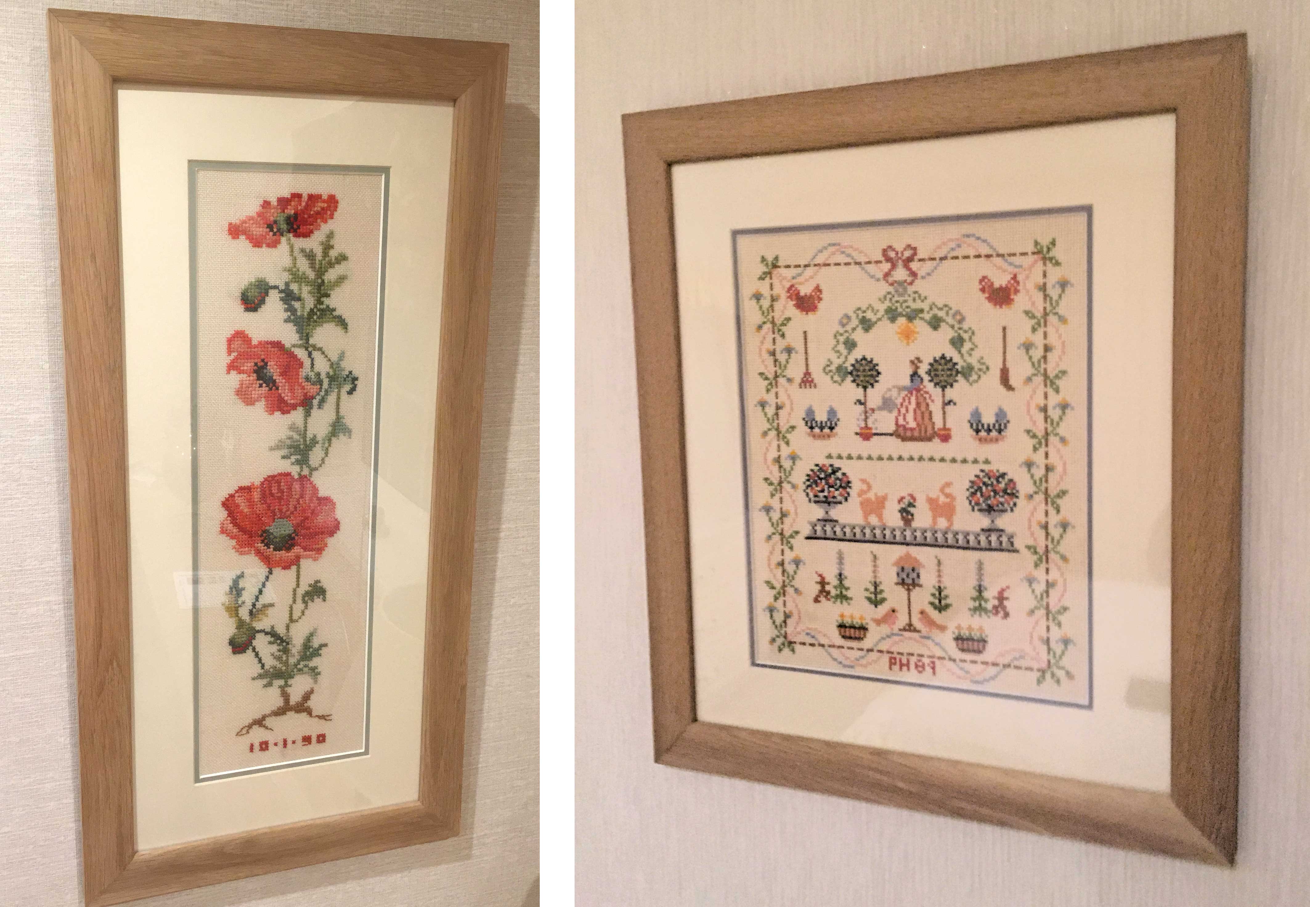 Needle point and cross stitch work mounted and framed